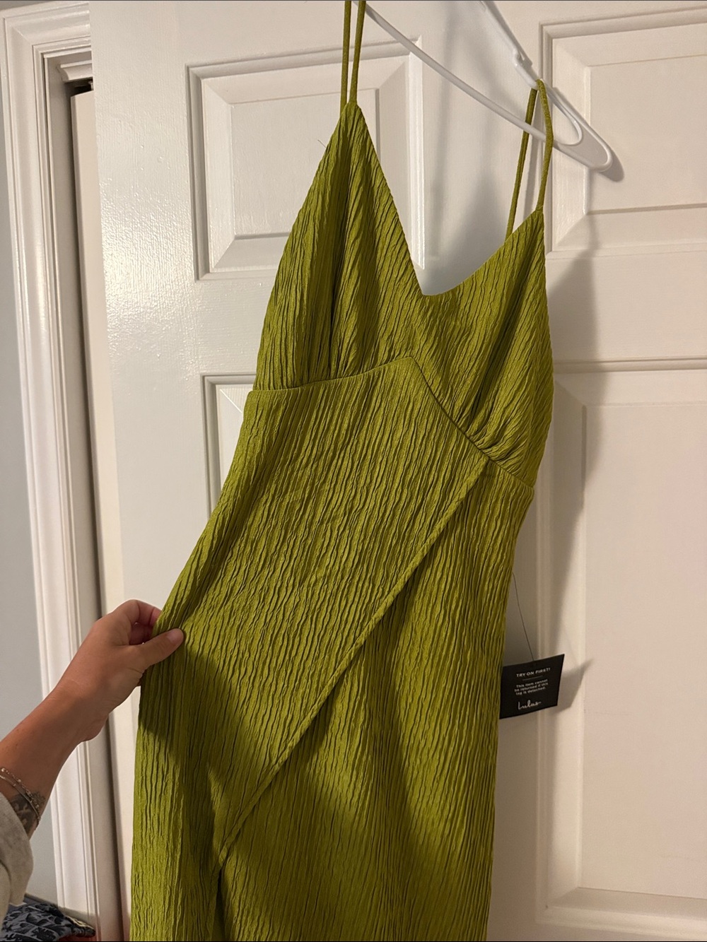 Lulu's Olive Green Crinkle Midi Slip Dress